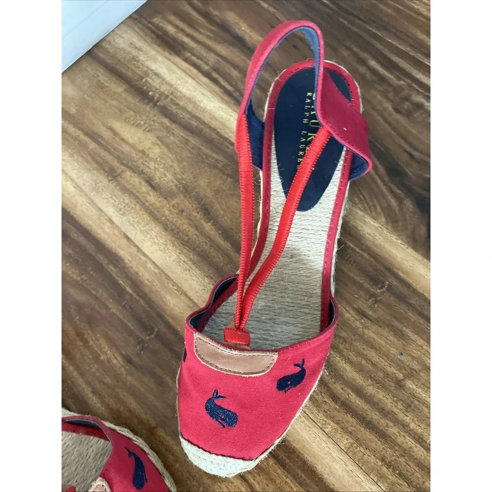 Women's Ralph Lauren Cala Wedge Sandal Espadrilles Size 8 Red, Navy Whales